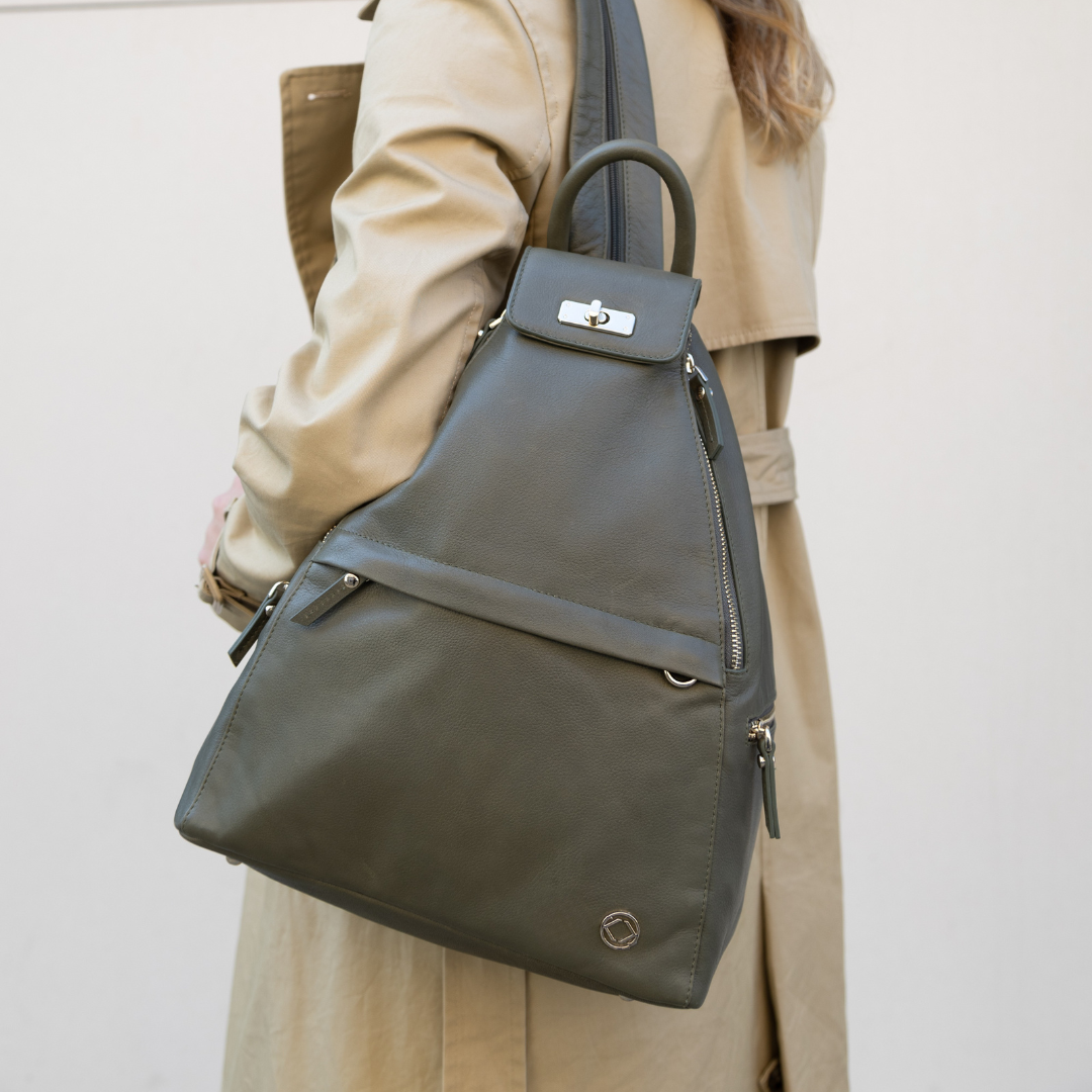 #color_Olive with Gold, Blue leather backpack for travel, work and parenting