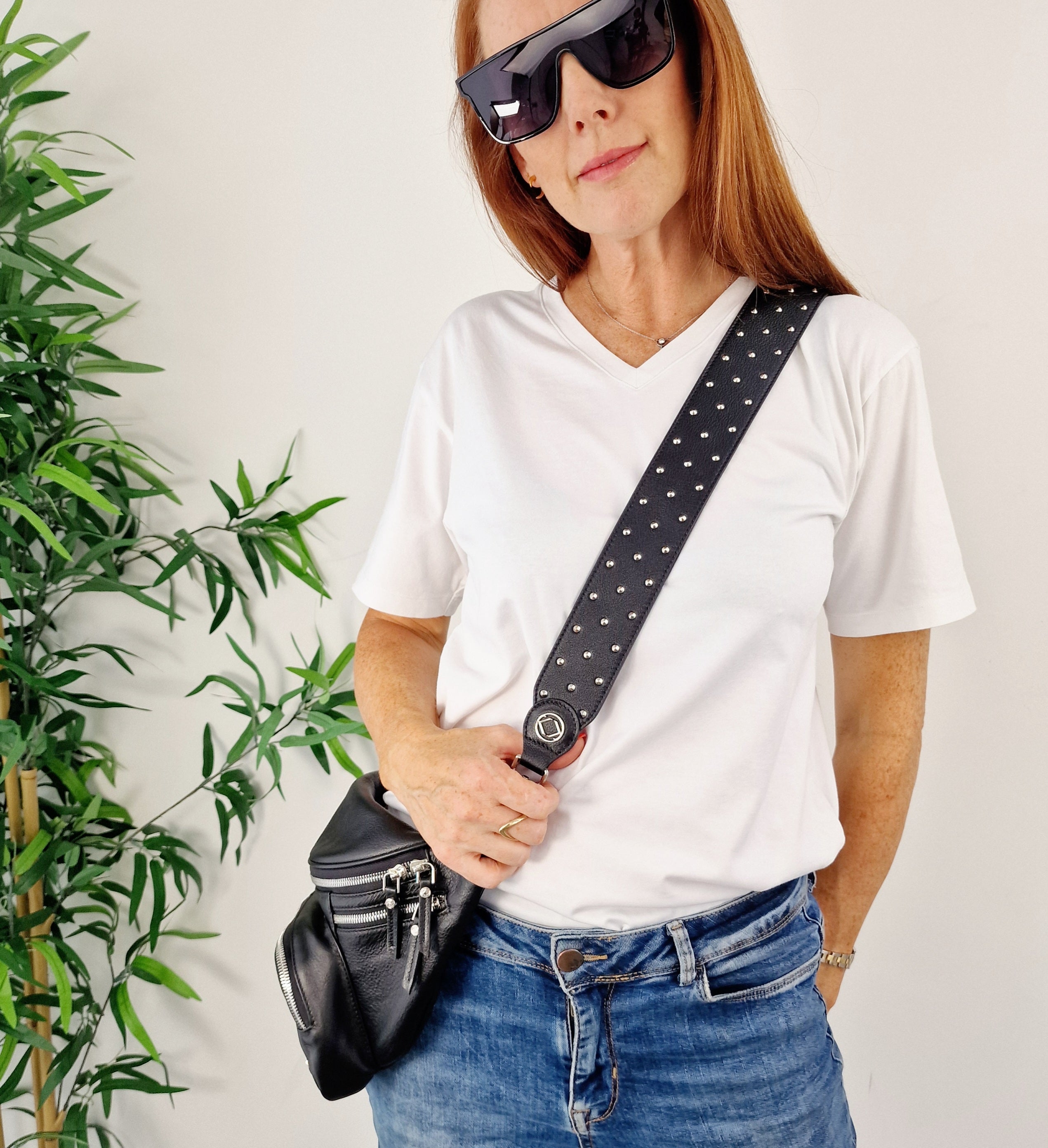 black leather studded strap