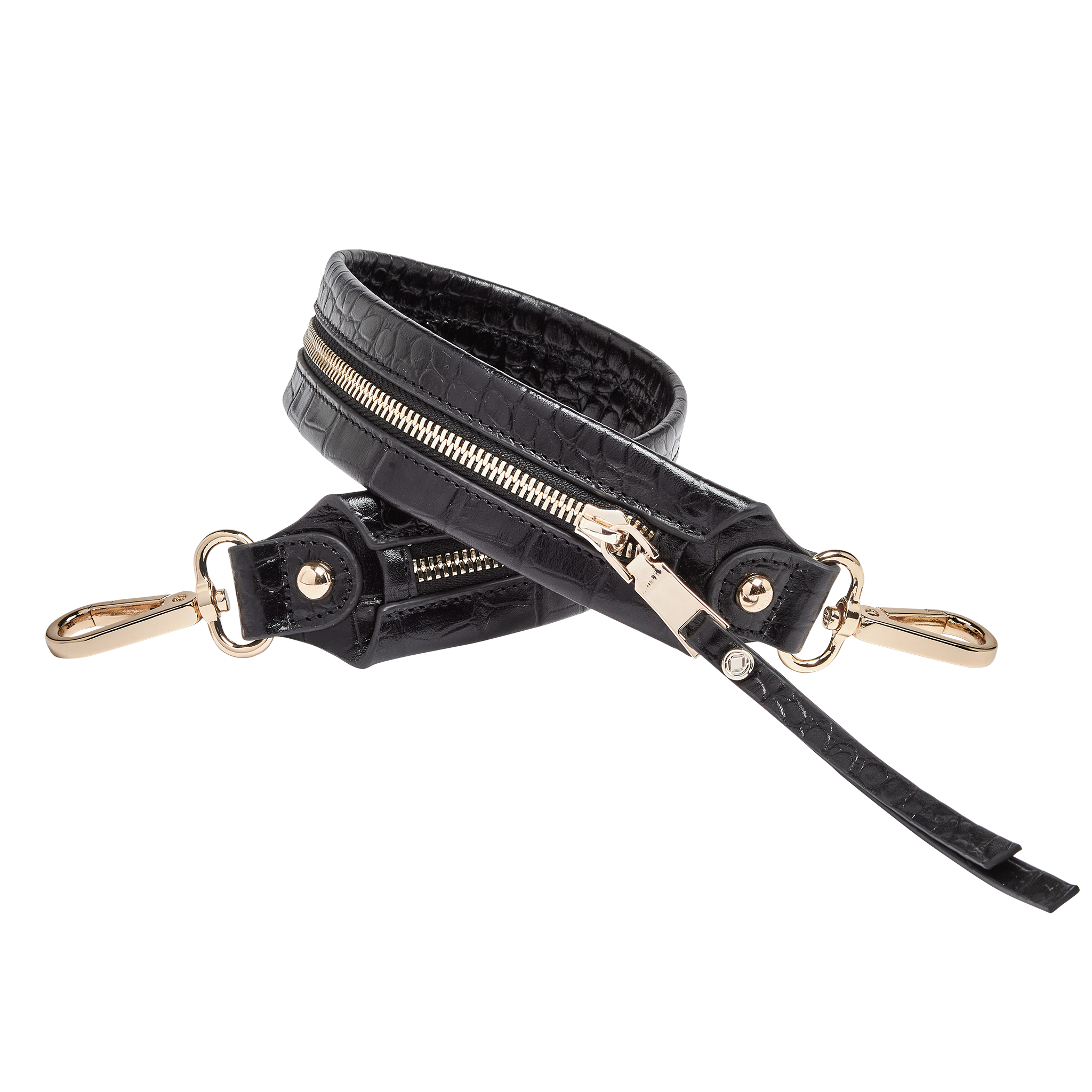 black embossed gretchen wide leather strap with  zip detail