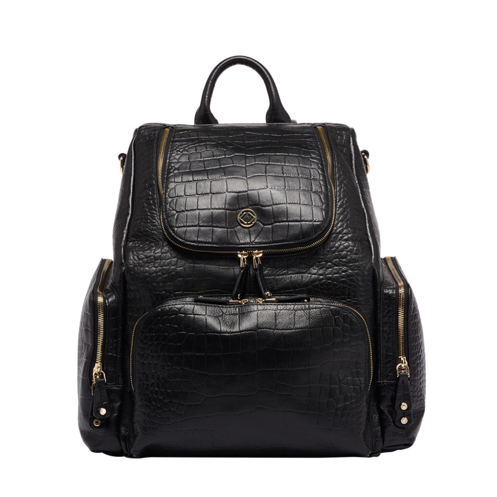 Leather Weekender Bags | Amber Matt Embossed Black Leather Backpack