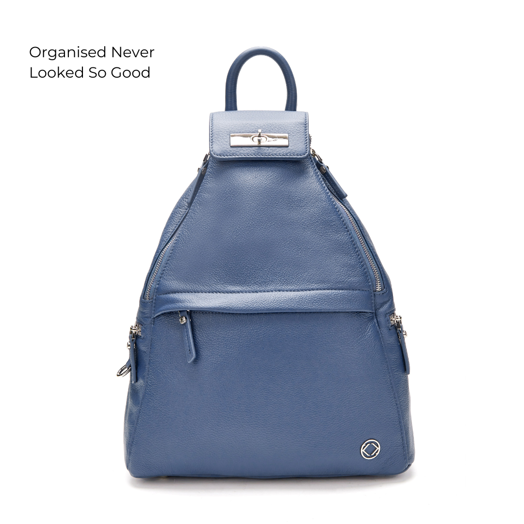 #color_Denim, Aryella blue leather backpack for travel, work and parenting