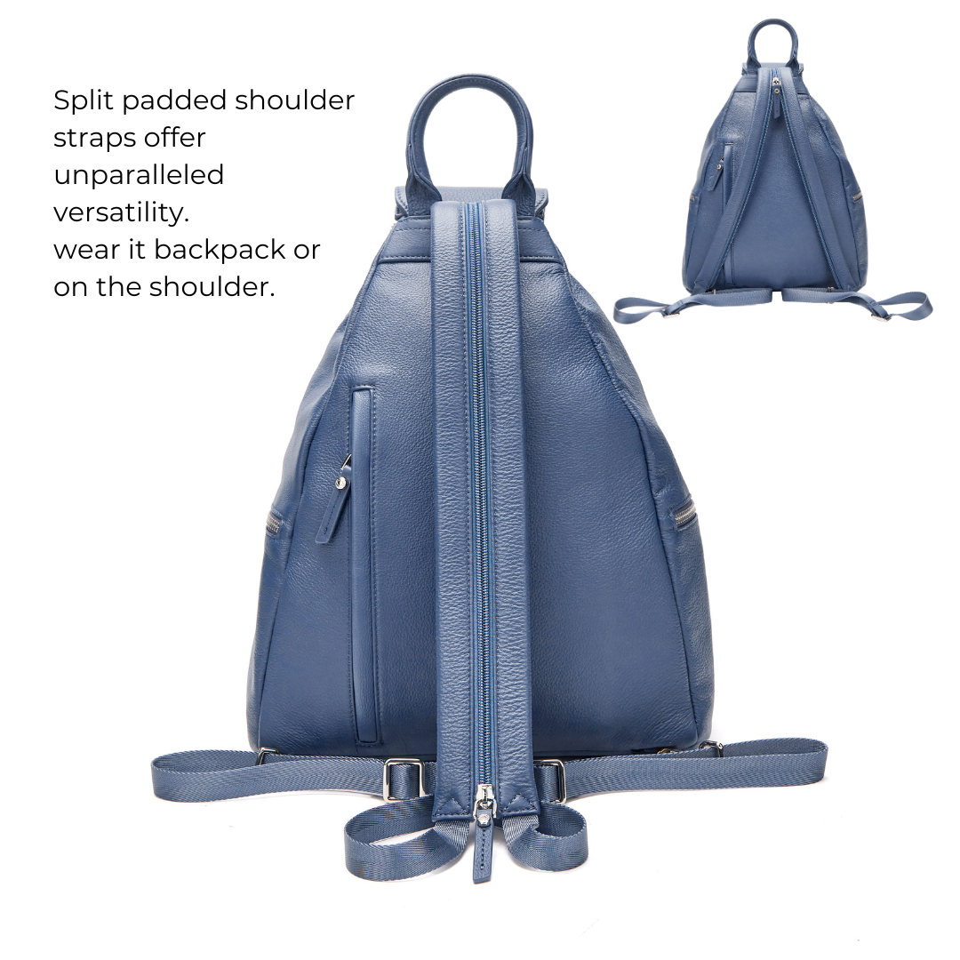 #color_Denim, Aryella blue leather backpack for travel, work and parenting