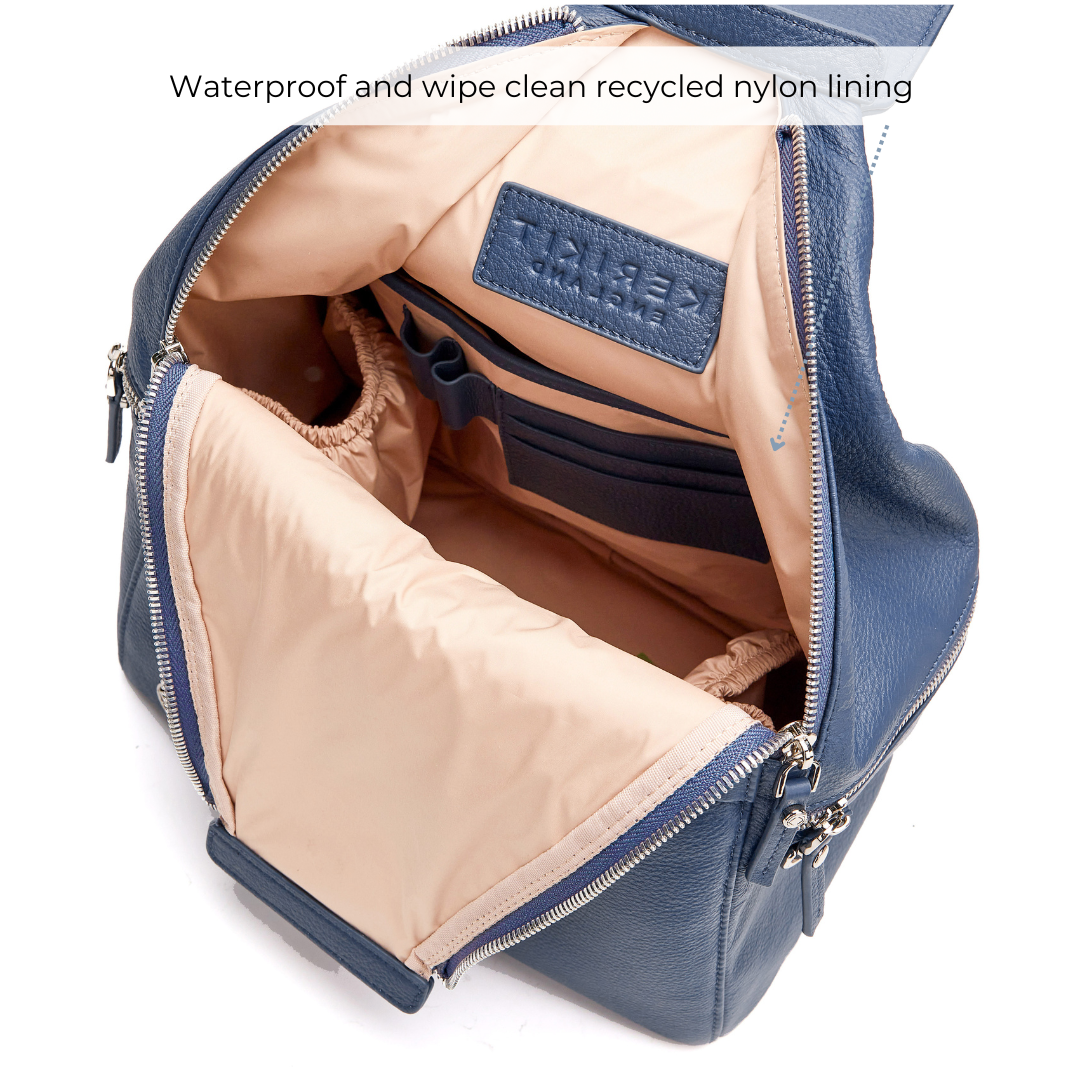 #color_Denim, Aryella blue leather backpack for travel, work and parenting