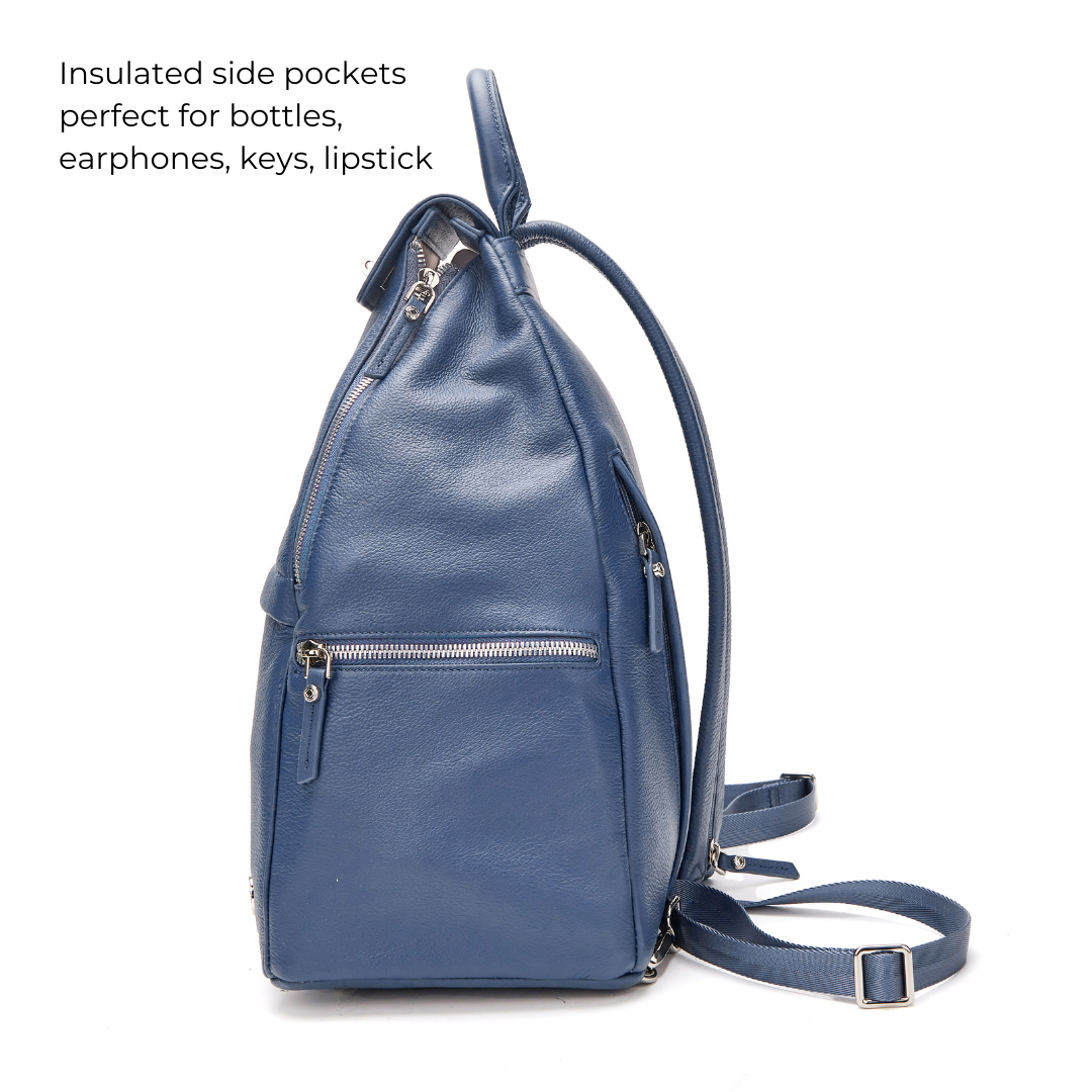 #color_Denim, Aryella blue leather backpack for travel, work and parenting