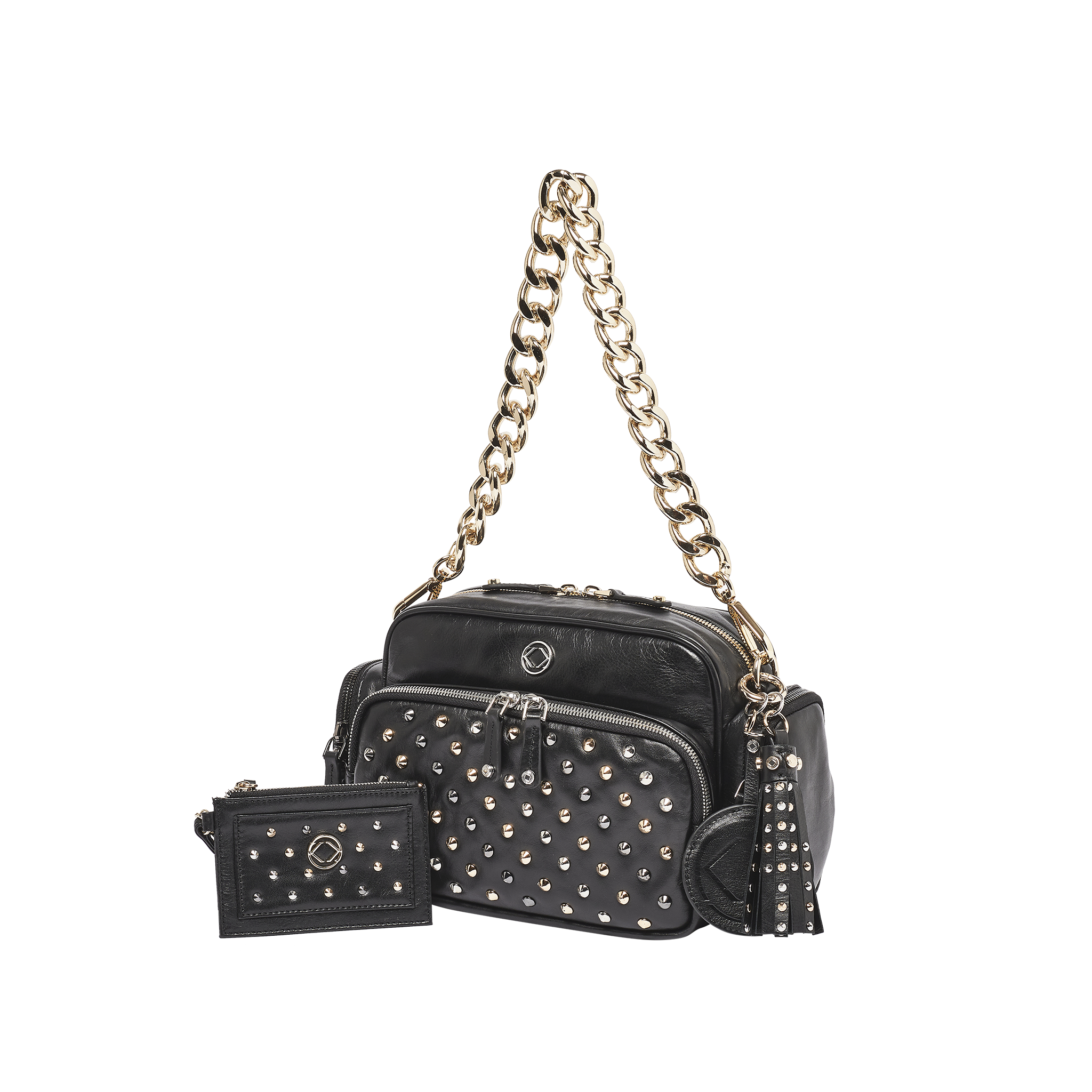 greta black studded crossover bag accessorised with gretchen gold chain strap