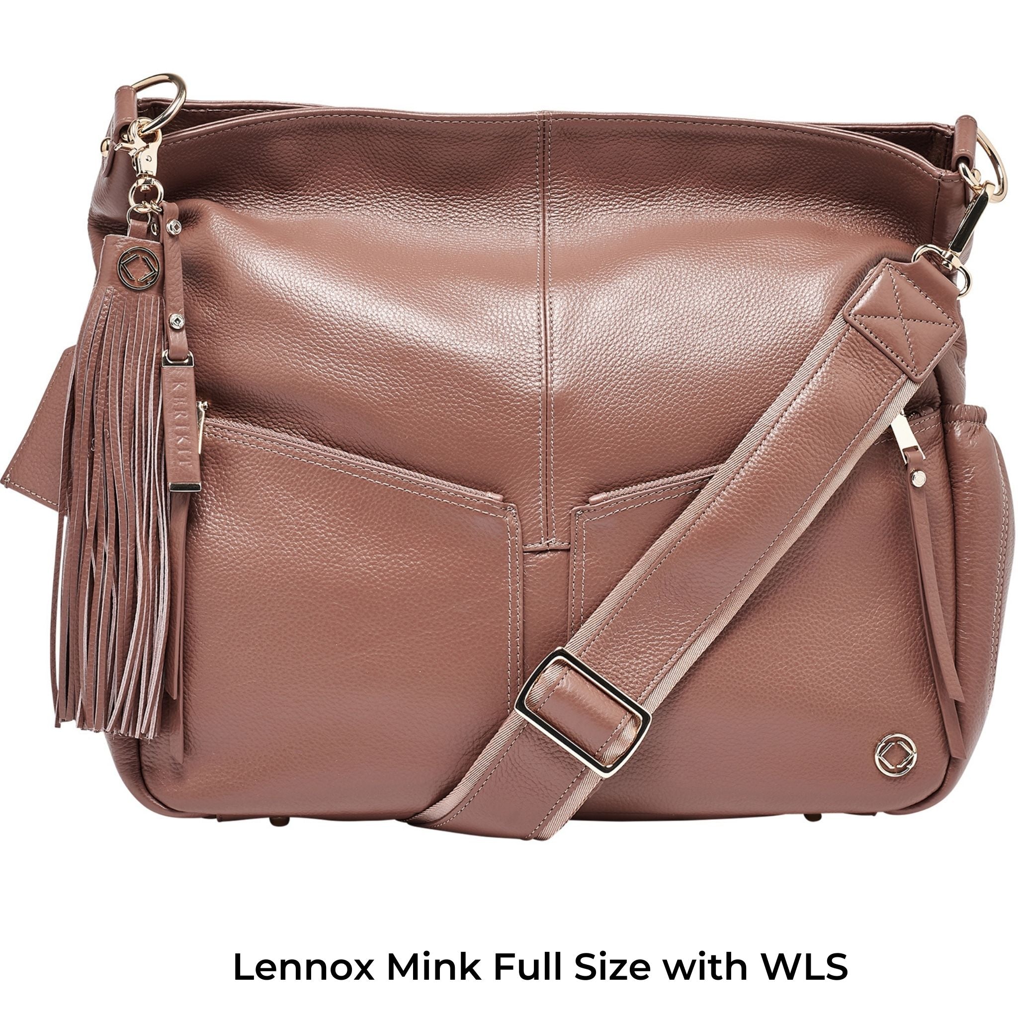 mink wide leather cross body strap attached to lennox mink baby changing backpack