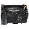 lennox midi black leather ladies handbag accessorised with wide leather body strap and matching warrior tassel
