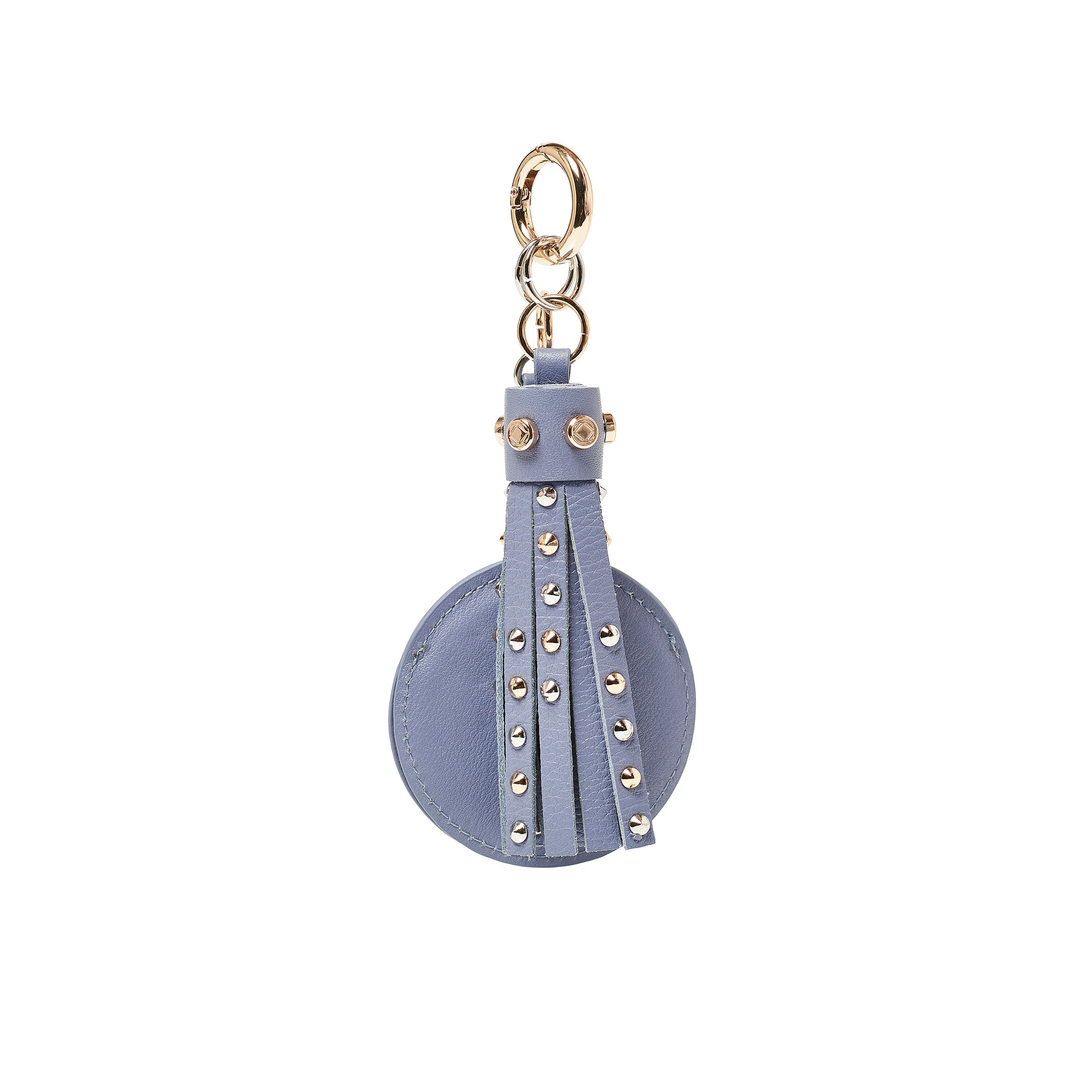 vintage blue studded leather mini key ring tassel with mirror