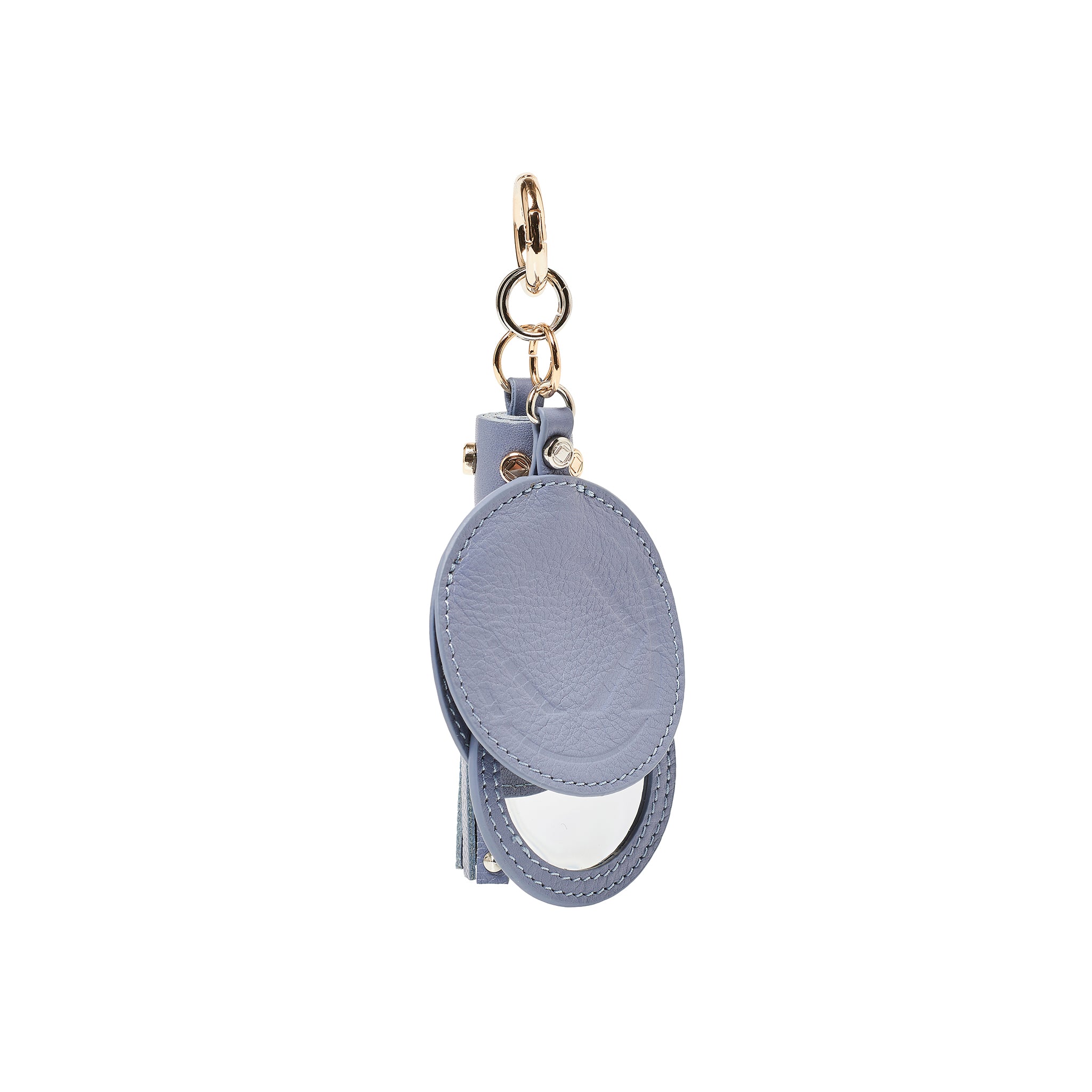 vintage blue studded leather key ring with tassels and mirror