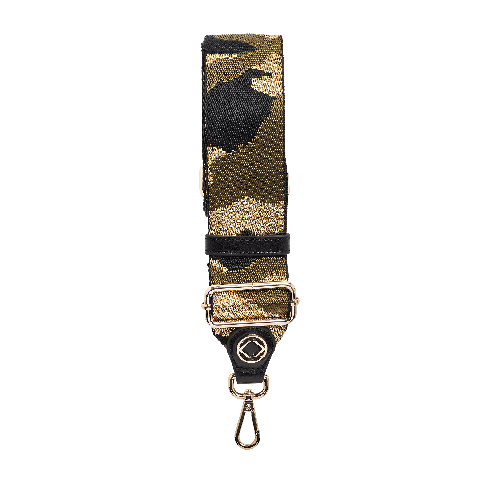 webster khaki and gold camo leather adjustable bag strap with light gold hardware