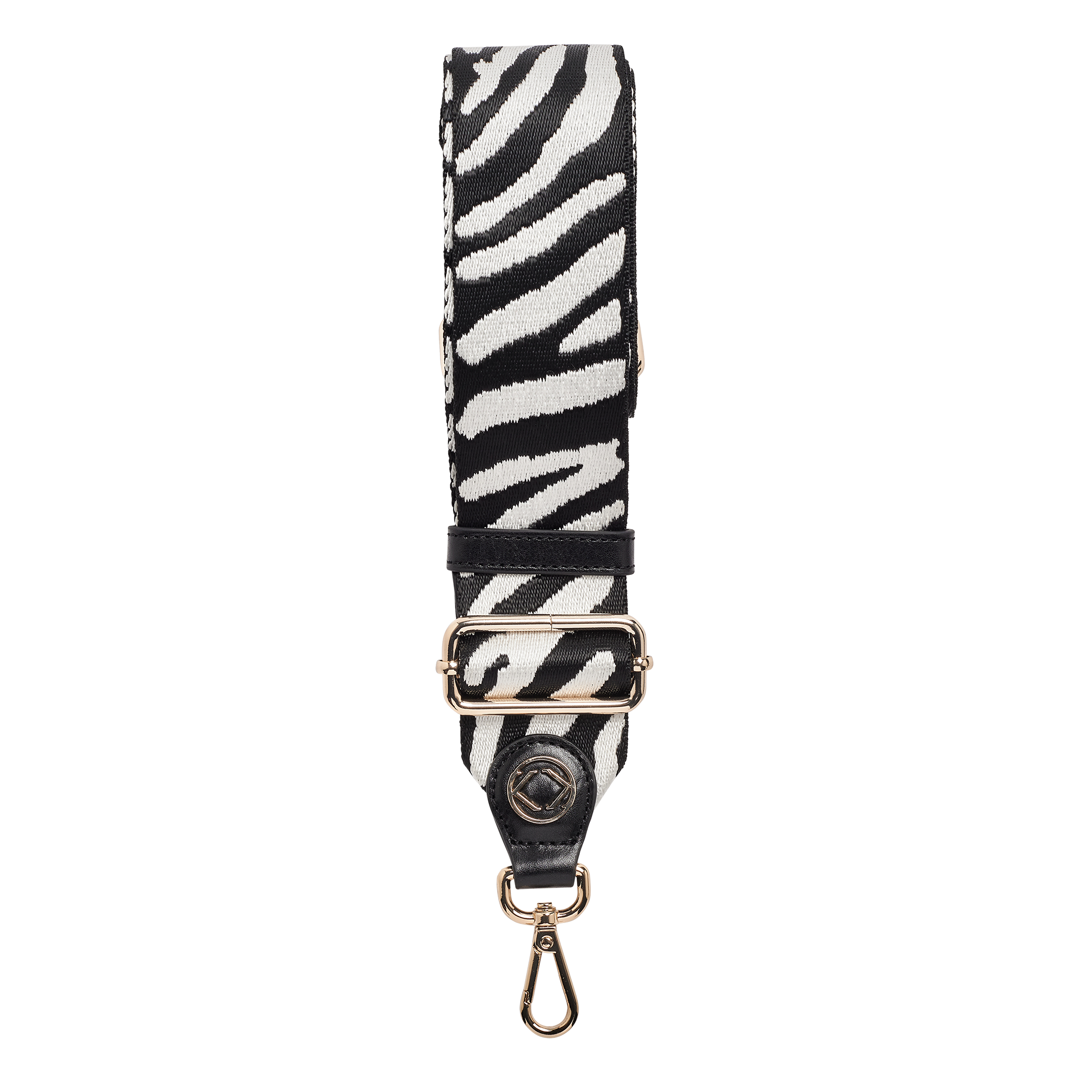 webster black white zebra leather adjustable bag strap with light gold hardware