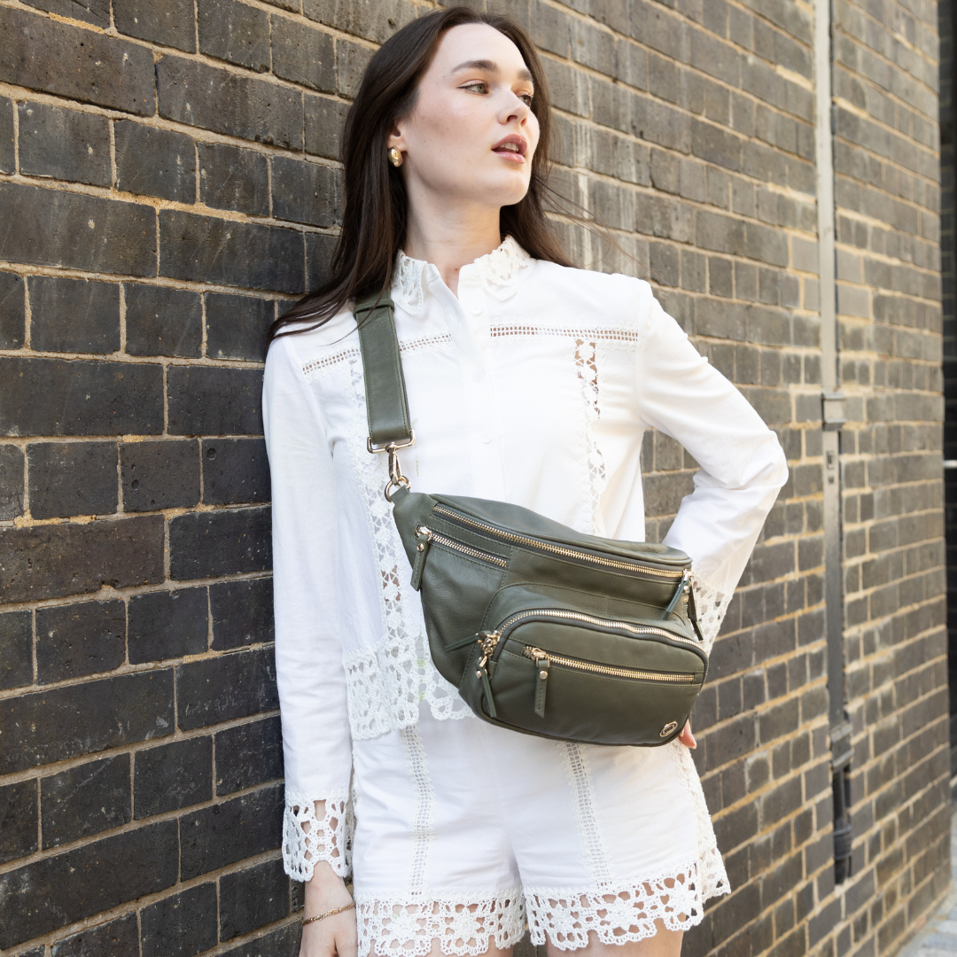 #color_Olive with light Gold, Vanessa Denim Blue Leather Sling Bag, Bum Bag, Fanny Pack, perfect for travel and days out
