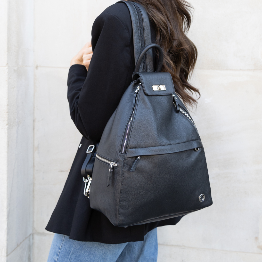 #color_Black with Gold, Blue leather backpack for travel, work and parenting 