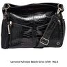 black croc wide leather cross body strap attached to lennox black embossed ladies laptop bag