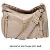 taupe wide leather cross body strap attached to lennox taupe ladies laptop bag