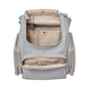 internal view of amber apple grey leather backpack with laptop sleeve 