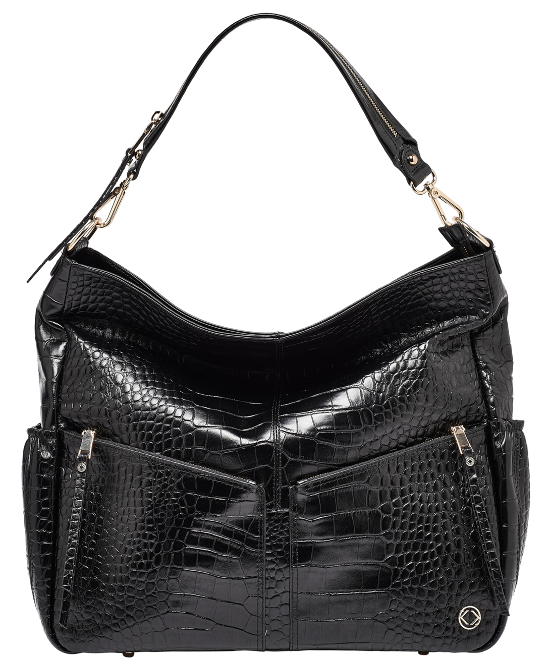 Leather Weekender Bags | Lennox High Sheen Embossed Black Leather Handbag