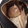 black nylon leather cross body bag for changing with elasticated internal side pocket for babys bottle