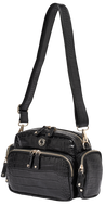 black embossed leather cross body bag with shoulder strap and multiple pockets
