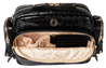 black embossed leather organiser cross body bag with front zip pocket showing elasticated pocket, pen holder and multiple card slots