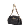 luxury black nylon cross body bag with quilted front pocket accessorised with gold gretchen chain strap and black studded midi warrior