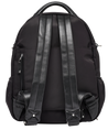 black nylon leather ladies travel backpack with external security zip pocket and adjustable shoulder straps