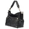 ladies leather work bag with insulated external side pocket holding a tall water bottle
