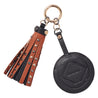 tan studded leather mini key ring tassel with mirror