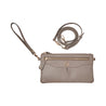 teddy warm grey leather crossbody bag with removable wrist loop and crossbody strap
