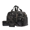stylish westwood xl weekender black leather womens travel bag accessorised with full kit of black studded stevie strap, black studded poppy coin purse, black studded warrior midi with mirror and black george travel purse