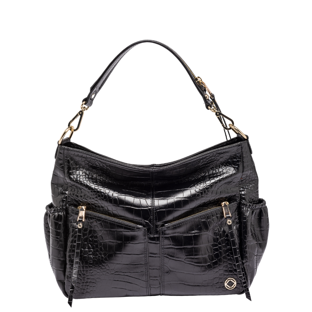 Designer Black Leather Midi Handbag